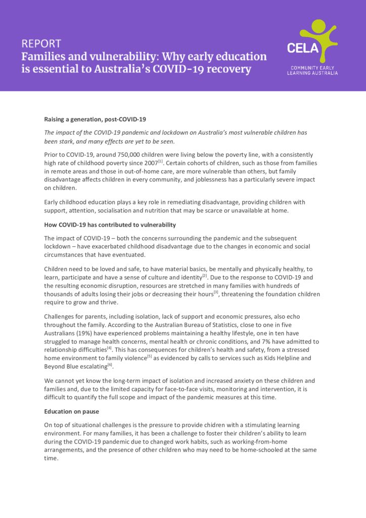 CELA Report - Families and vulnerability: Why early education is essential to COVID recovery