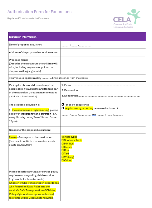 Authorisation Form for Excursions