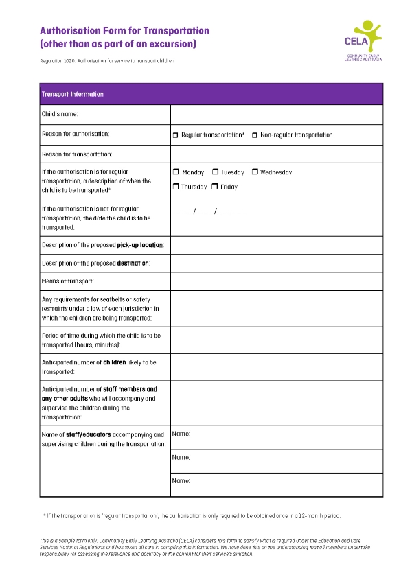 Authorisation Form for Transportation