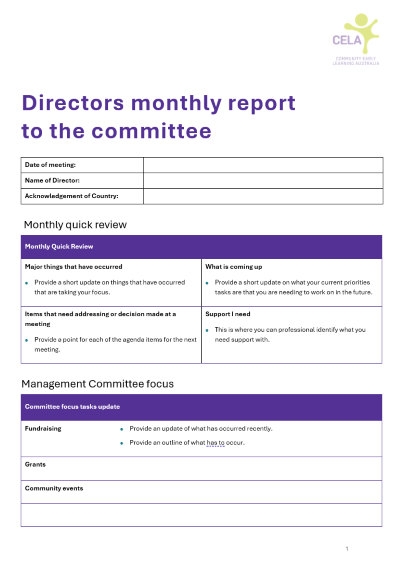 Directors monthly report to the committee