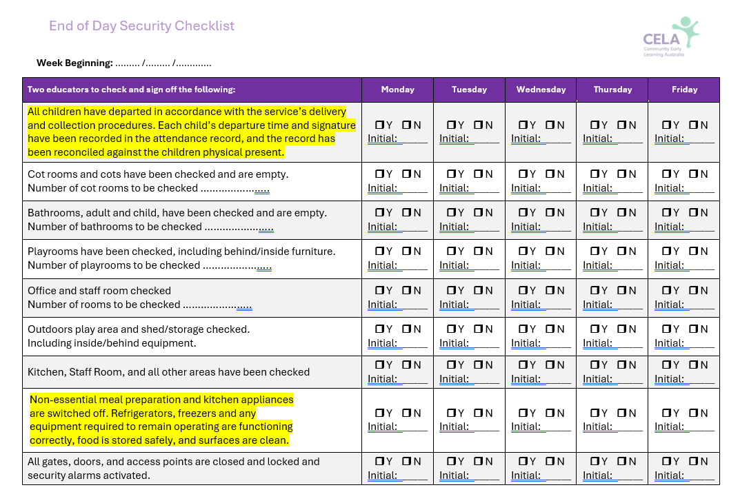 End Of Day Security Checklist