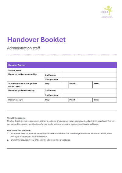 Handover booklet: For admin staff