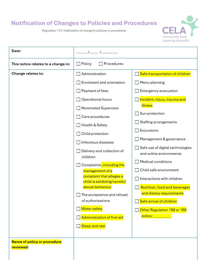 Notification of changes to policies and procedures