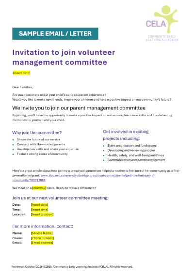 Join our volunteer management committee - email / letter template