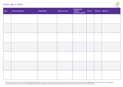 Visitor sign-in sheet