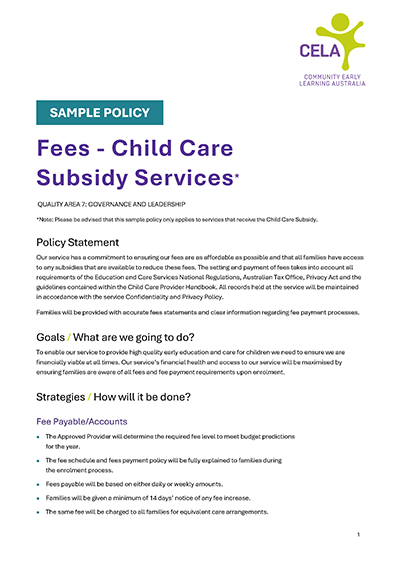 Fees - Child Care Subsidy Services