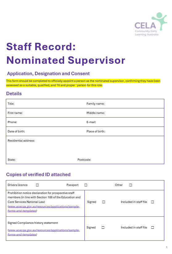 Staff Record Nominated Supervisor